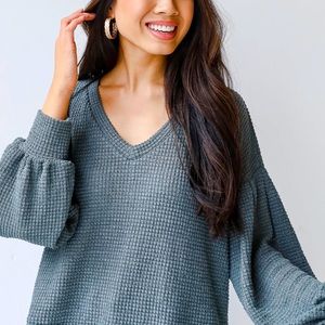 NEW! Teal Waffle Knit Top with Balloon Sleeves. Large.
